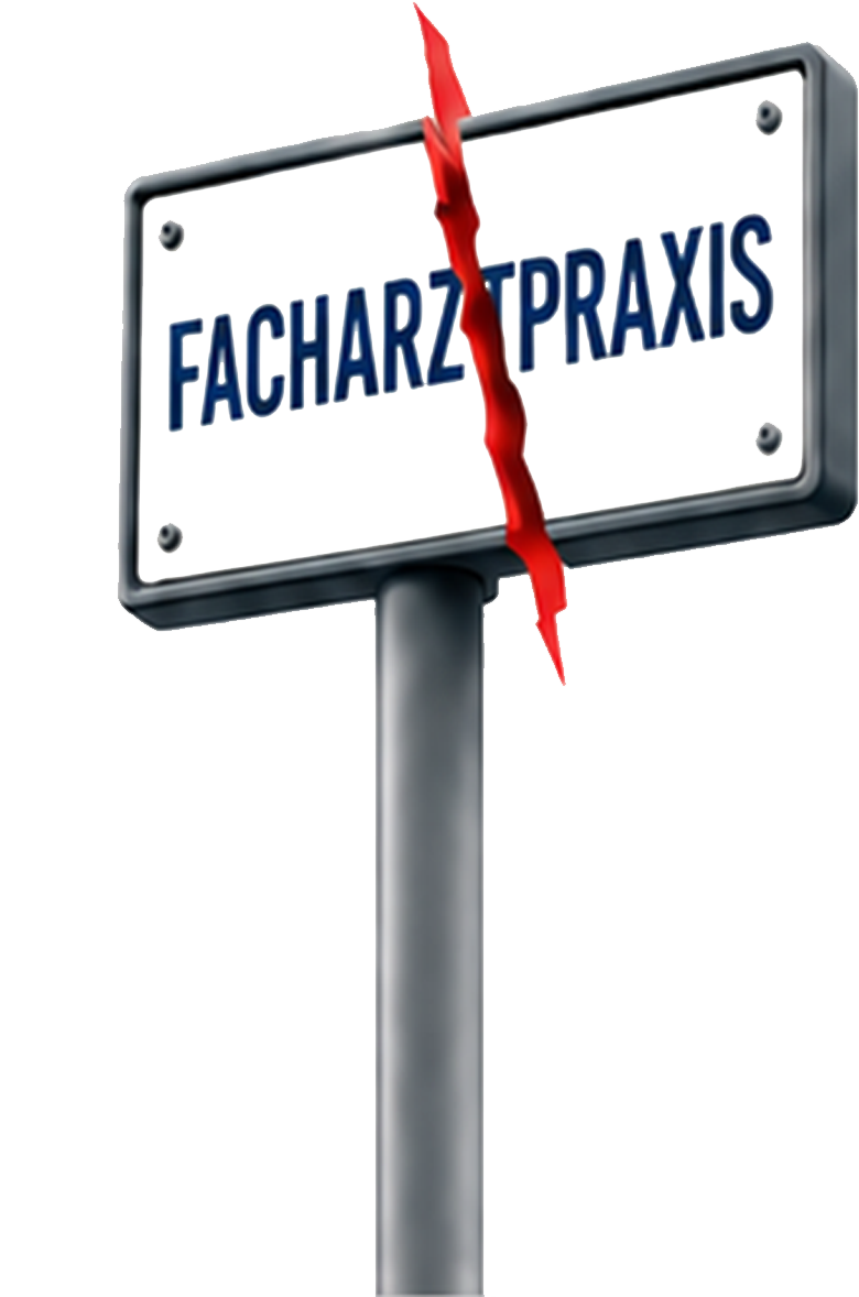 Durchtrenntes Praxisschild 'Facharztpraxis' als Symbol für Versorgungsengpässe